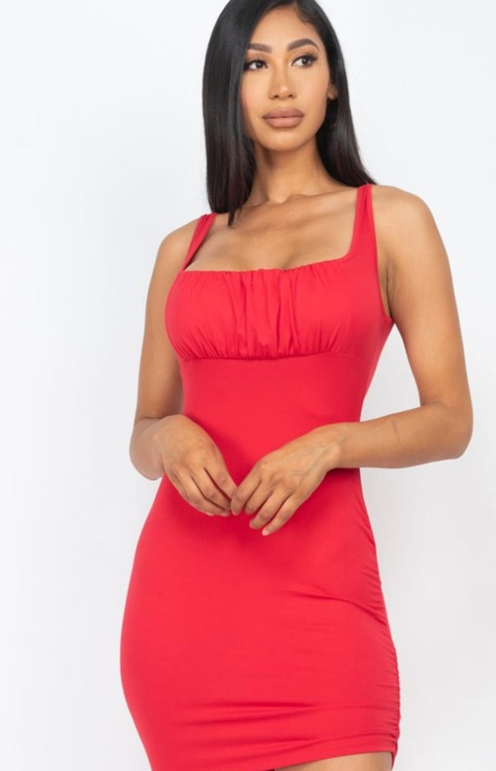 Front Shirring Sleeveless Mini Dresses
