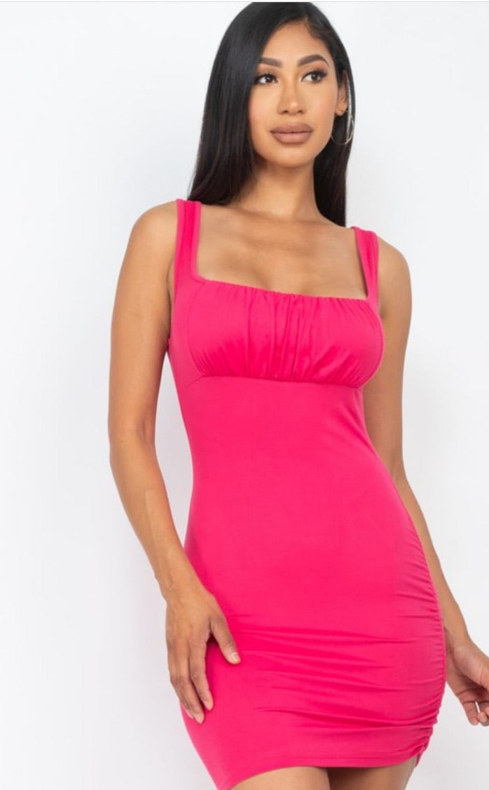 Front Shirring Sleeveless Mini Dresses