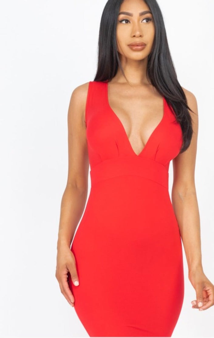 Deep V Neck Front Tuck Bodycon Dresses