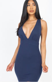 Deep V Neck Front Tuck Bodycon Dresses