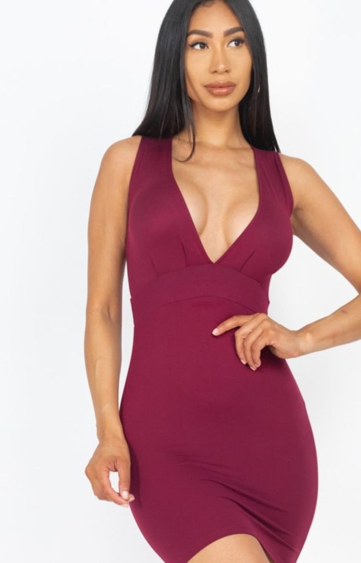 Deep V Neck Front Tuck Bodycon Dresses