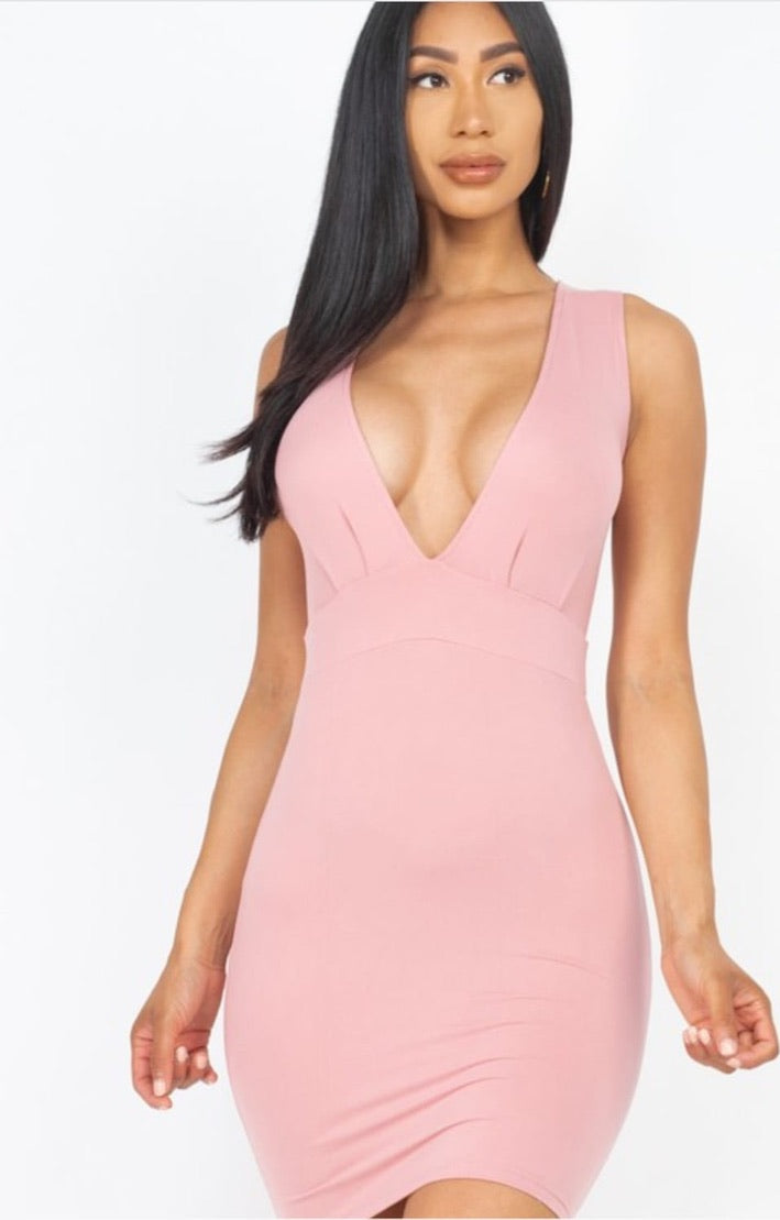 Deep V Neck Front Tuck Bodycon Dresses