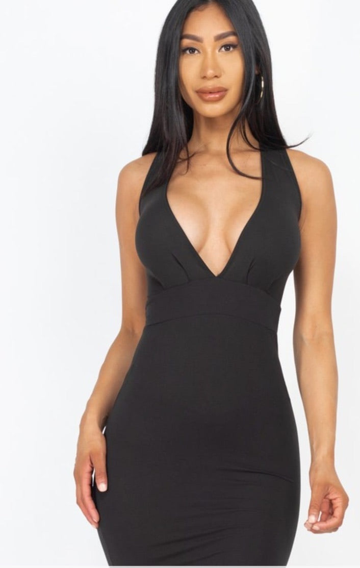 Deep V Neck Front Tuck Bodycon Dresses
