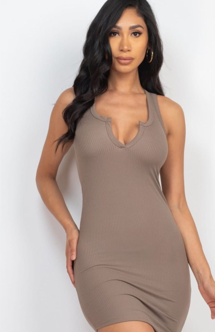Ribbed Split Neck Tank Mini Dresses