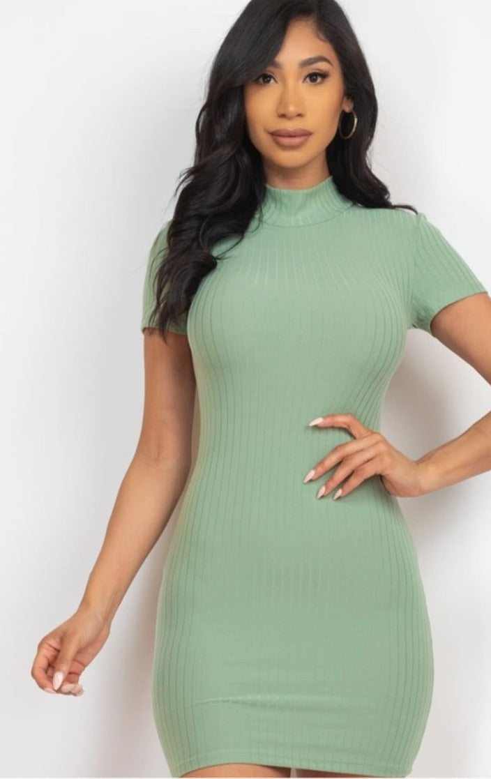 Casual Ribbed Mock Neck Short Sleeve Bodycon Dresses