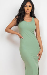 Ribbed Side Slit Tank Midi Dresses