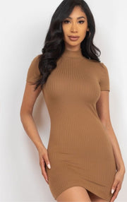 Casual Ribbed Mock Neck Short Sleeve Bodycon Dresses