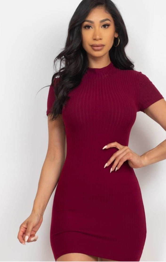 Casual Ribbed Mock Neck Short Sleeve Bodycon Dresses