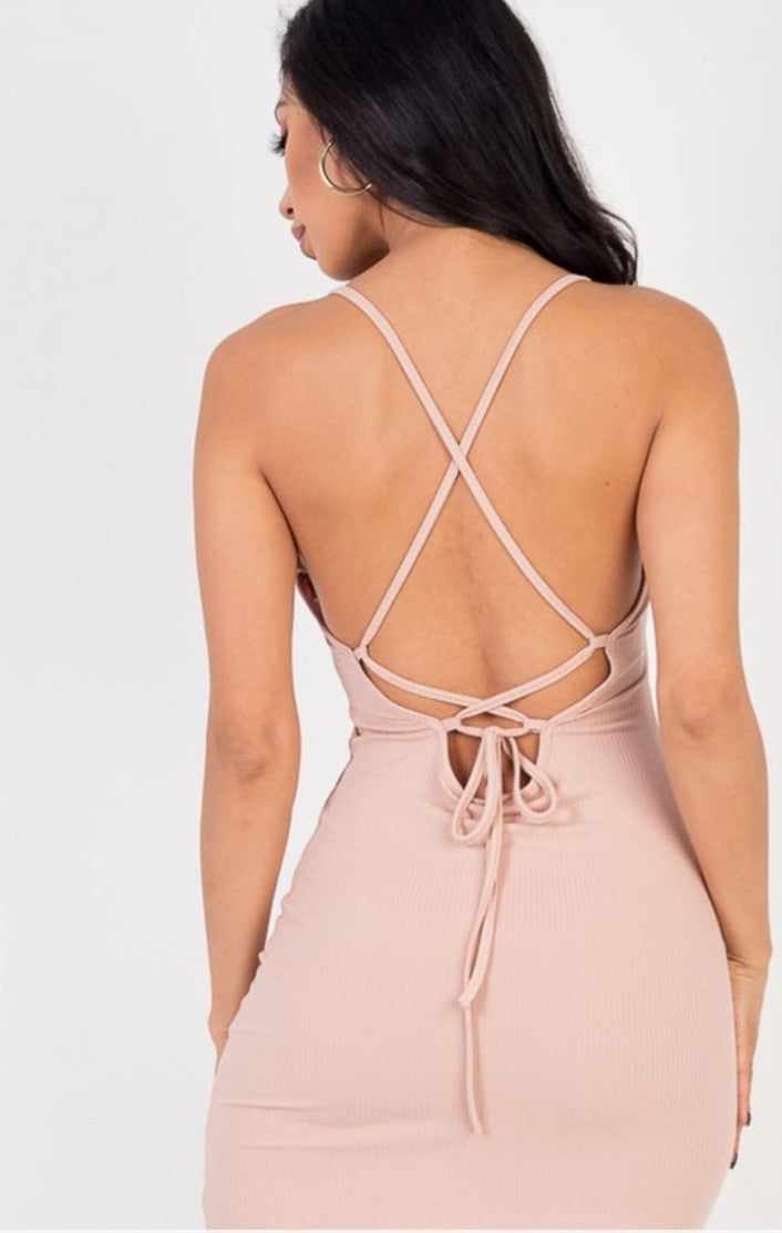 Ribbed Crisscross Tie Back Bodycon Dresses