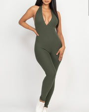 Sleek Halter V Neck Ribbed Body Con Jumpsuit