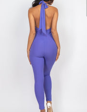 Sleek Halter V Neck Ribbed Body Con Jumpsuit