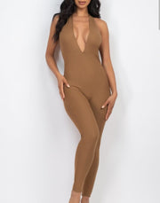 Sleek Halter V Neck Ribbed Body Con Jumpsuit