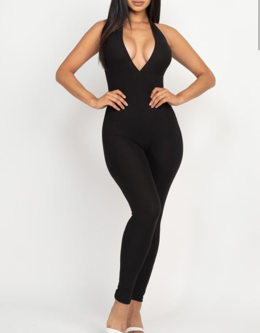 Sleek Halter V Neck Ribbed Body Con Jumpsuit