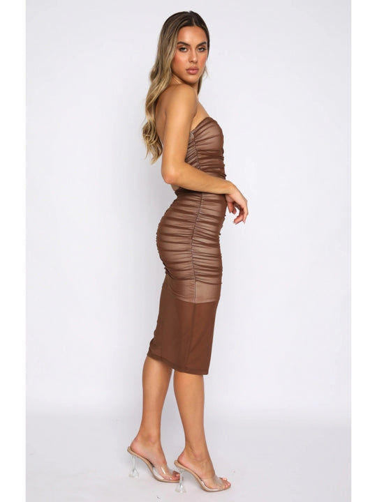 Coffee Promises Ruched Midi Dresses
