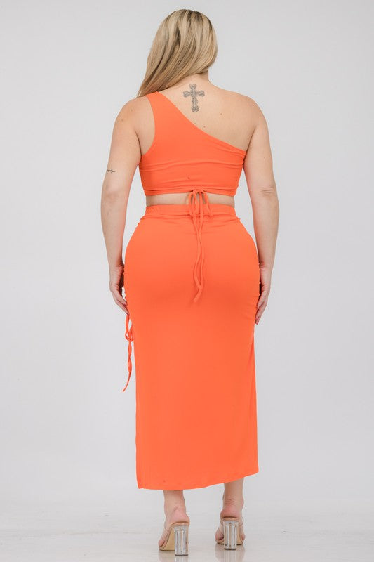 Plus One Shoulder Top & Back Side Slit Hem Skirt Sets