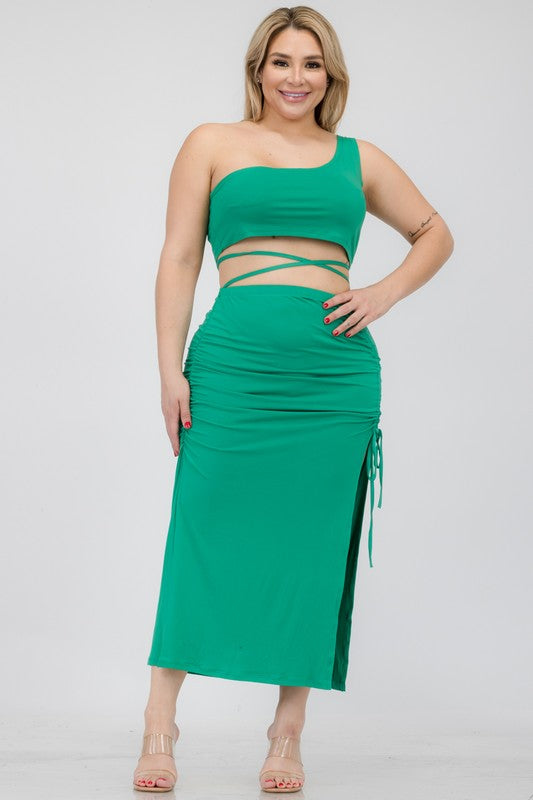 Plus One Shoulder Top & Back Side Slit Hem Skirt Sets