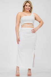 Plus One Shoulder Top & Back Side Slit Hem Skirt Sets