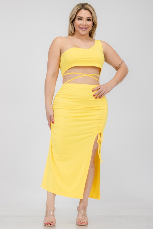 Plus One Shoulder Top & Back Side Slit Hem Skirt Sets