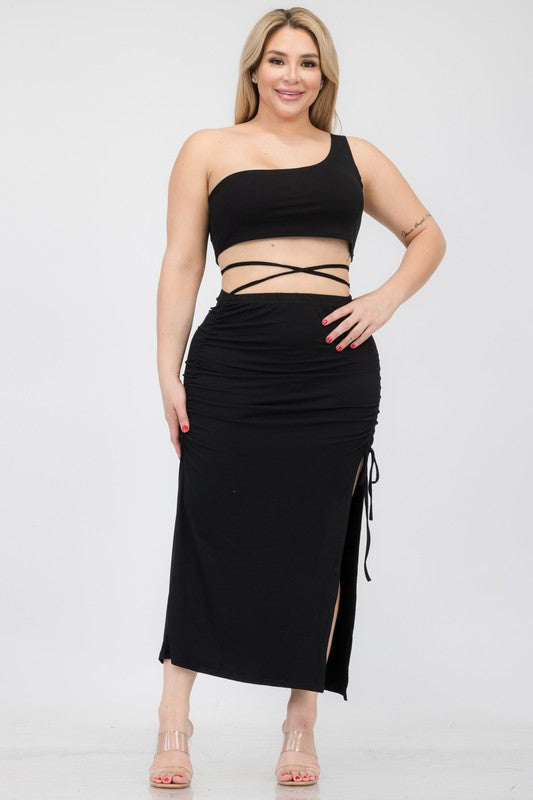 Plus One Shoulder Top & Back Side Slit Hem Skirt Sets