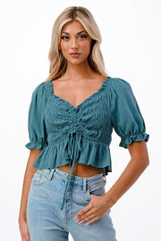 SEAFOAM RUCHED CROP TOP WITH PUFF SLEEVE