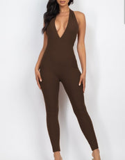 Sleek Halter V Neck Ribbed Body Con Jumpsuit