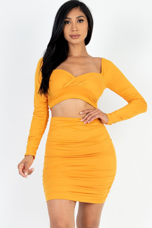 Sweetheart Neck Crop Top & Ruched Skirt Set