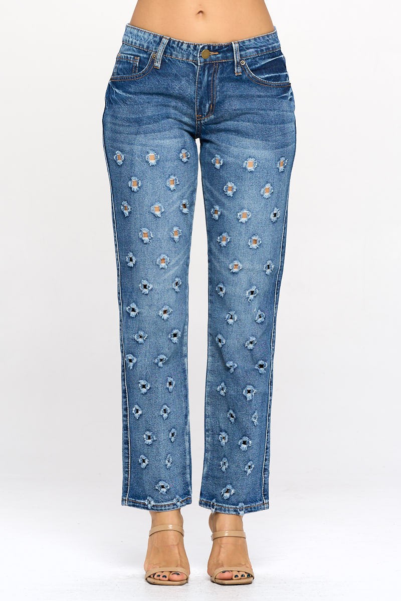 Bullet Hole Mid Rise Straight Jeans