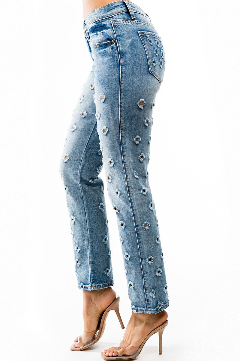 Bullet Hole Mid Rise Straight Jeans