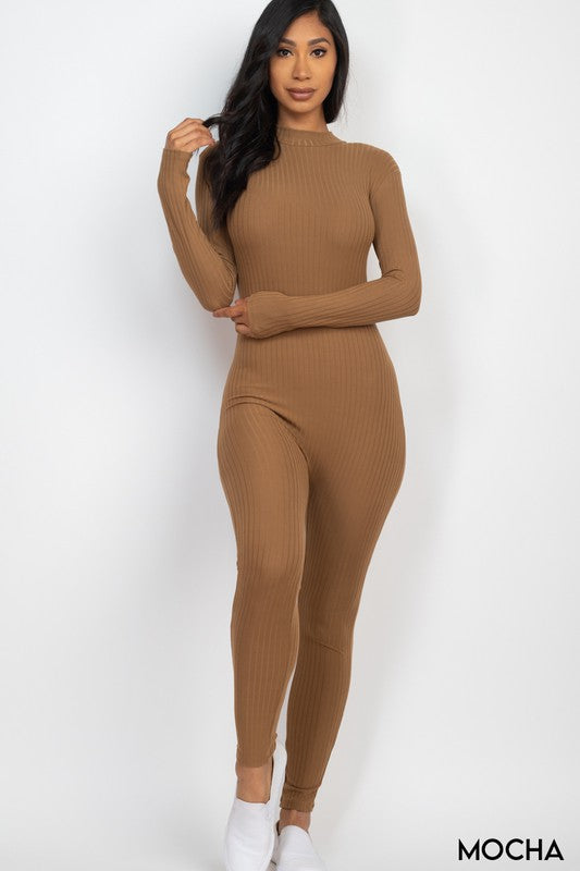 Ribbed Mock Neck Long Sleeve Casual Jumpsuit