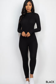 Ribbed Mock Neck Long Sleeve Casual Jumpsuit