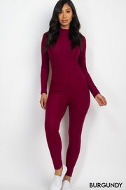 Ribbed Mock Neck Long Sleeve Casual Jumpsuit