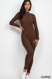 Ribbed Mock Neck Long Sleeve Casual Jumpsuit