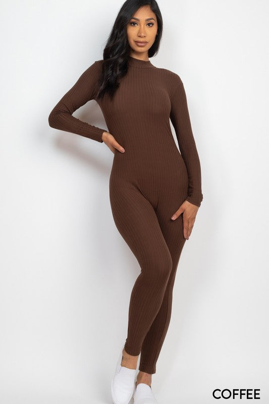 Ribbed Mock Neck Long Sleeve Casual Jumpsuit