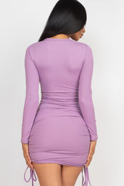 Ribbed Long Sleeve Drawstring Bodycon Dresses