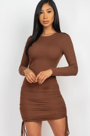 Ribbed Long Sleeve Drawstring Bodycon Dresses