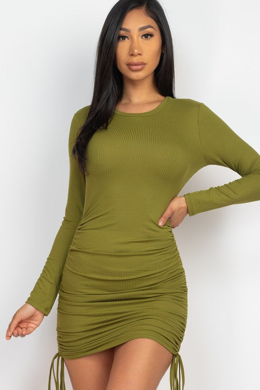 Ribbed Long Sleeve Drawstring Bodycon Dresses
