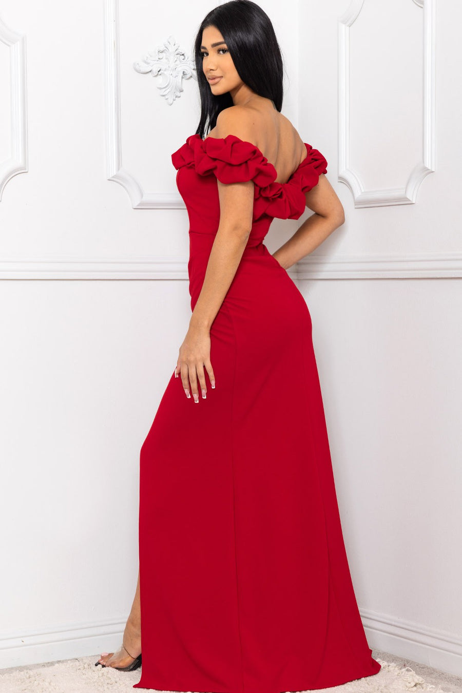 GENEVIEVE OFF THE SHOULDER RUFFLE SLEEVE MAXI DRESS