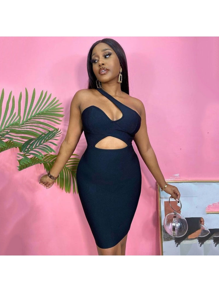 Inclined Shoulder Black Sheath Dresses