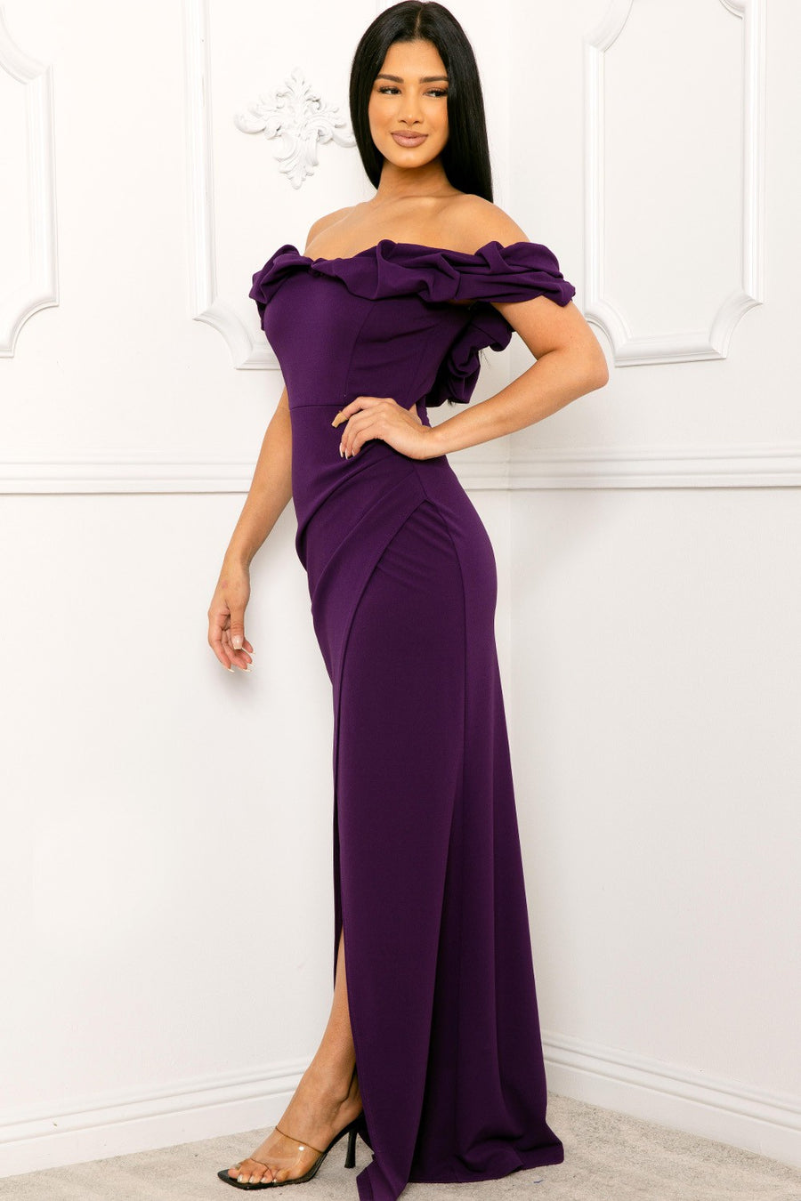 GENEVIEVE OFF THE SHOULDER RUFFLE SLEEVE MAXI DRESS