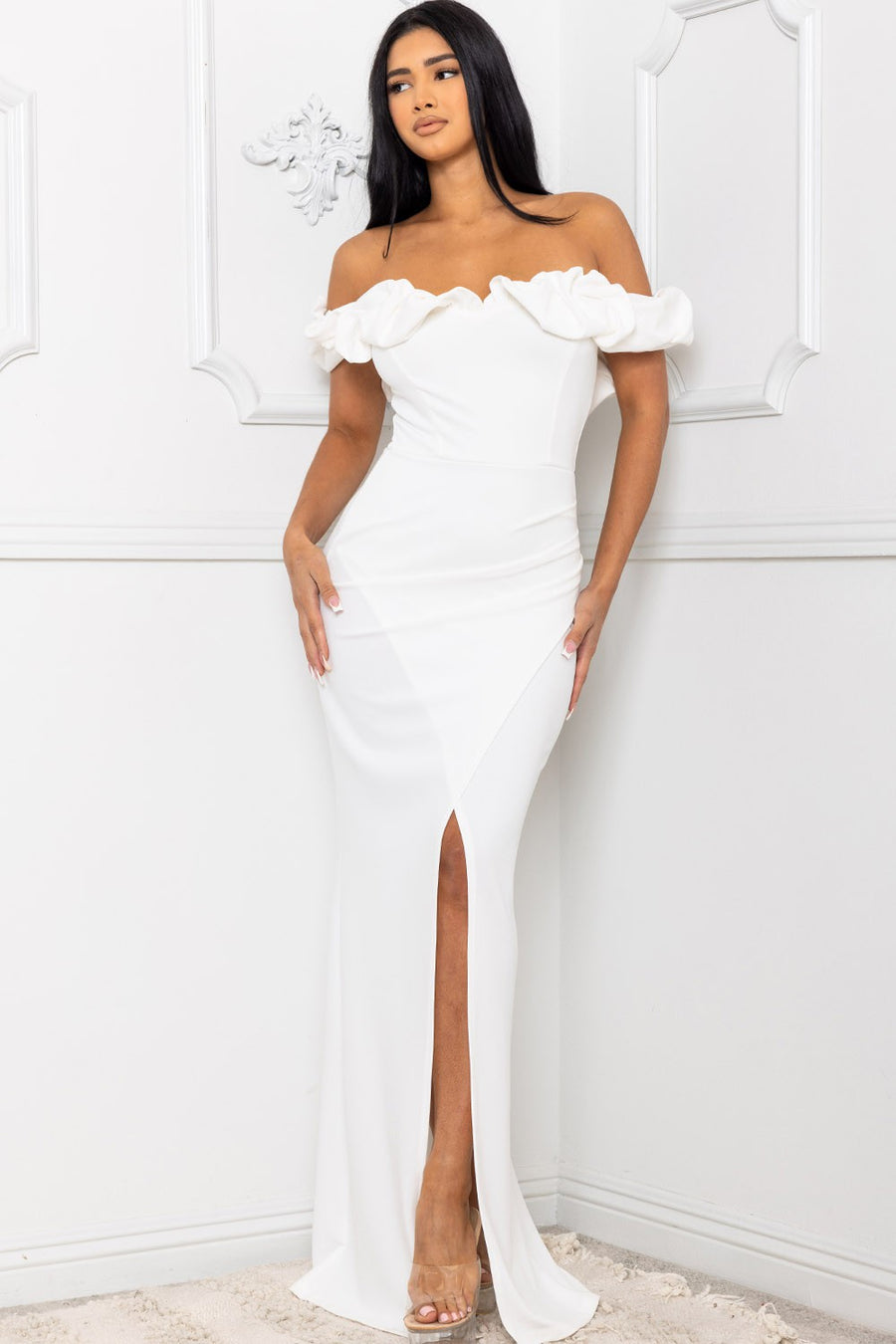 GENEVIEVE OFF THE SHOULDER RUFFLE SLEEVE MAXI DRESS