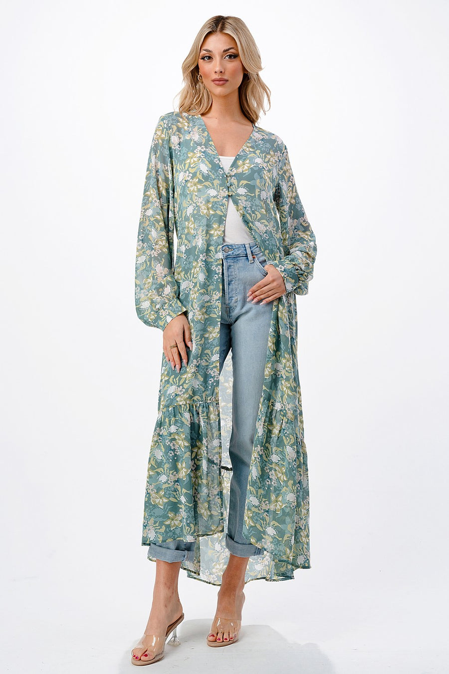 FLORAL PRINTED CHIFFON RUFFLED DUSTER