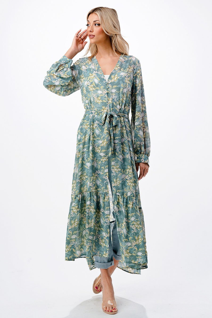 FLORAL PRINTED CHIFFON RUFFLED DUSTER